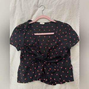 Brandy melville top, front tie, embroidered flowers, S